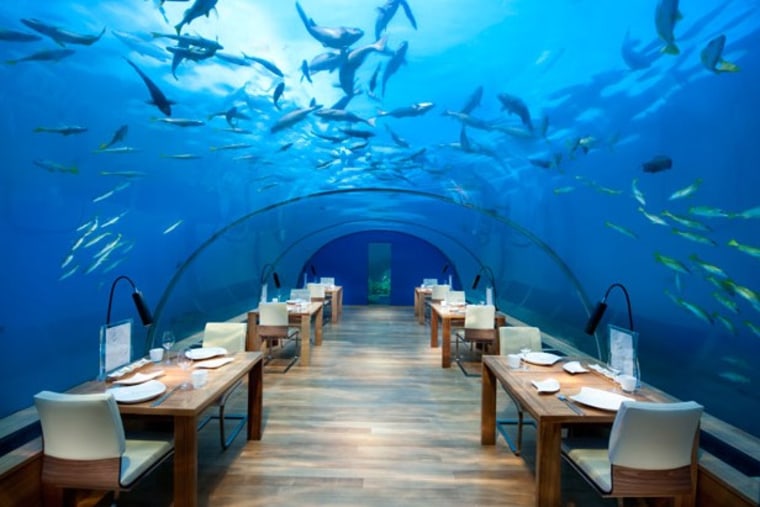 Seafood, anyone? Ithaa Undersea Restaurant off Conrad Maldives Rangali Island sits 16 feet below sea level.